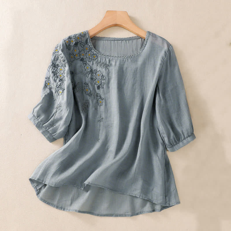 Nimara Ritual Retro Embroidery Floral Pattern Short Sleeve Crew Neck Women's Shirt