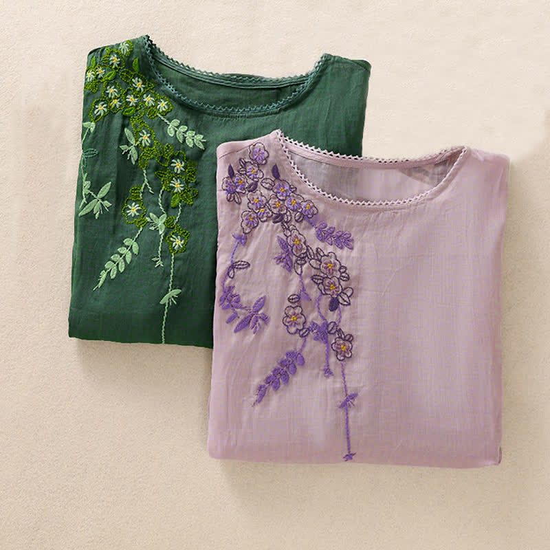 Nimara Ritual Retro Embroidery Floral Pattern Short Sleeve Crew Neck Women's Shirt