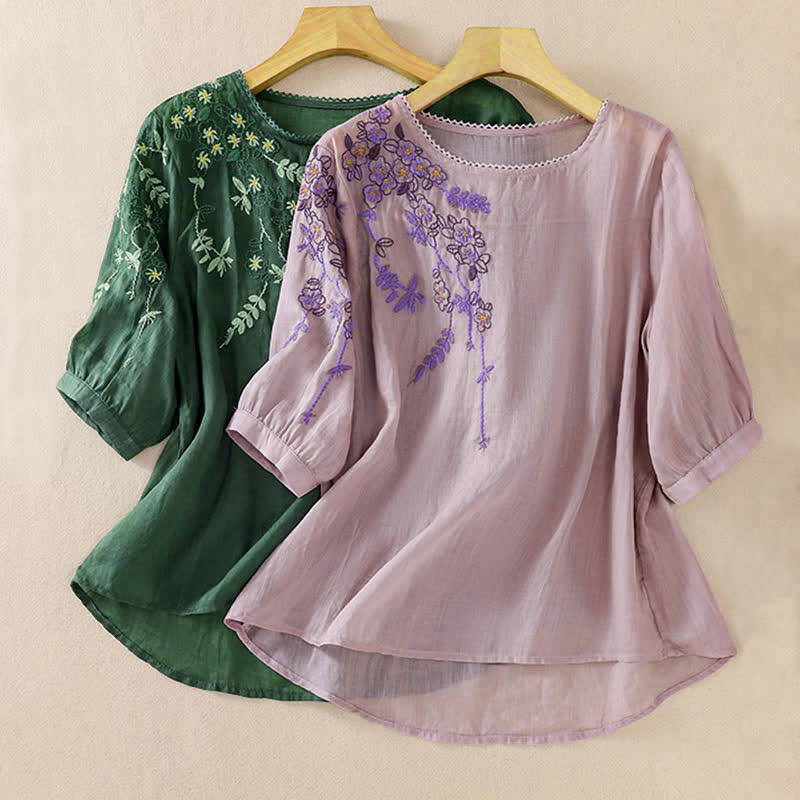 Nimara Ritual Retro Embroidery Floral Pattern Short Sleeve Crew Neck Women's Shirt
