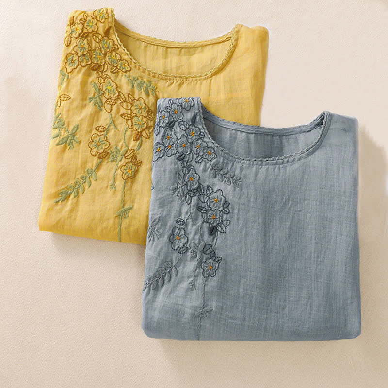 Nimara Ritual Retro Embroidery Floral Pattern Short Sleeve Crew Neck Women's Shirt
