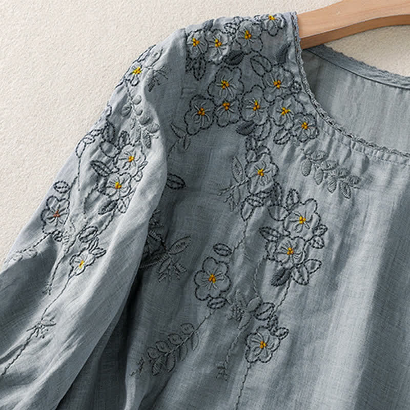 Nimara Ritual Retro Embroidery Floral Pattern Short Sleeve Crew Neck Women's Shirt