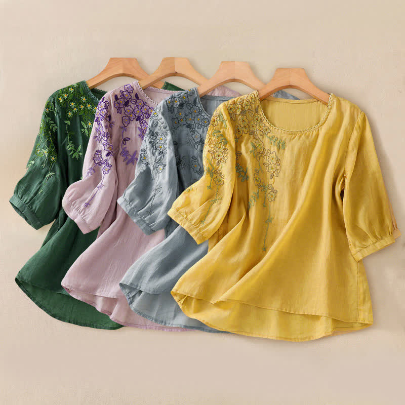 Nimara Ritual Retro Embroidery Floral Pattern Short Sleeve Crew Neck Women's Shirt