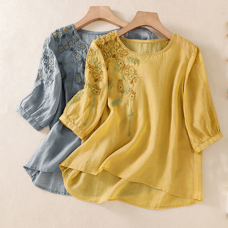 Nimara Ritual Retro Embroidery Floral Pattern Short Sleeve Crew Neck Women's Shirt