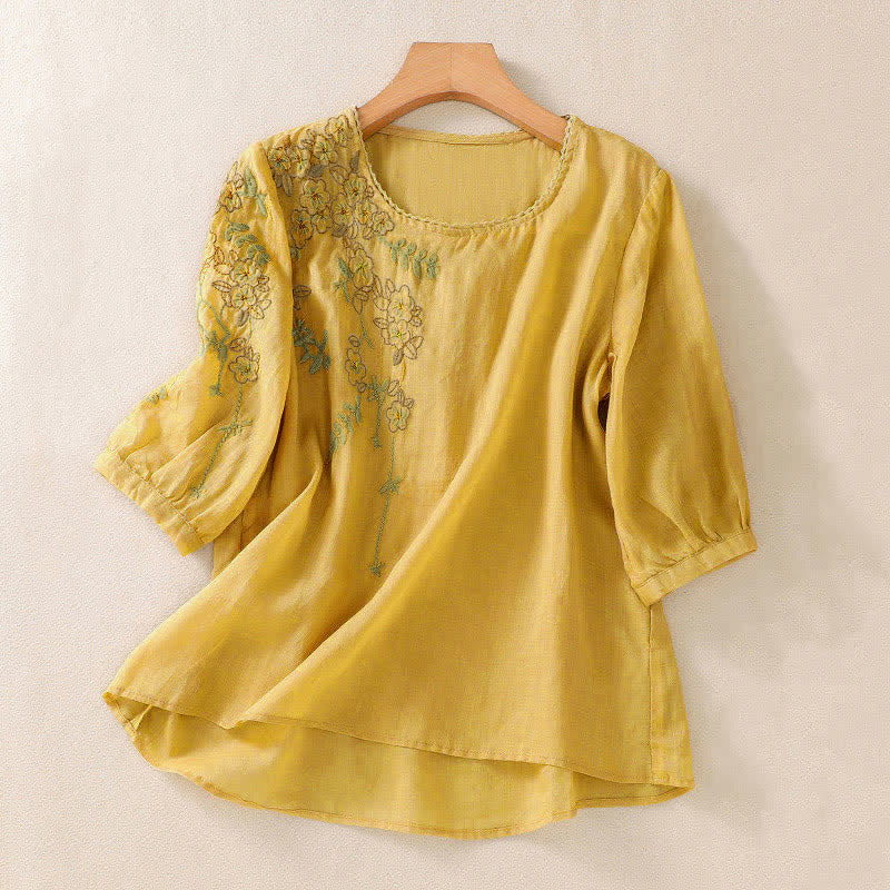 Nimara Ritual Retro Embroidery Floral Pattern Short Sleeve Crew Neck Women's Shirt