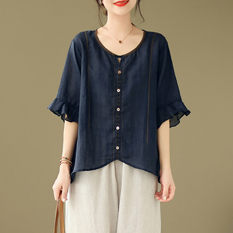 Nimara Ritual Embroidery Buttons Crew Neck Flared Short Sleeve Women's Shirt