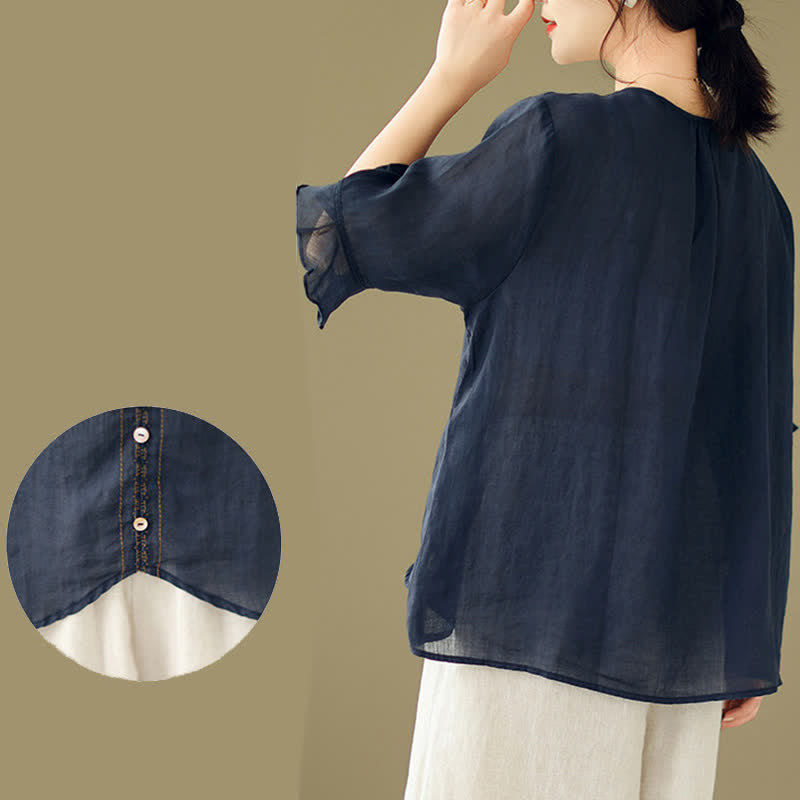 Nimara Ritual Embroidery Buttons Crew Neck Flared Short Sleeve Women's Shirt