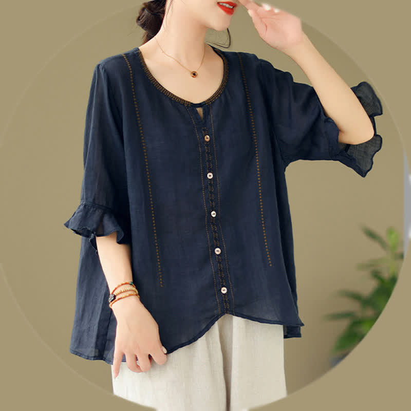 Nimara Ritual Embroidery Buttons Crew Neck Flared Short Sleeve Women's Shirt