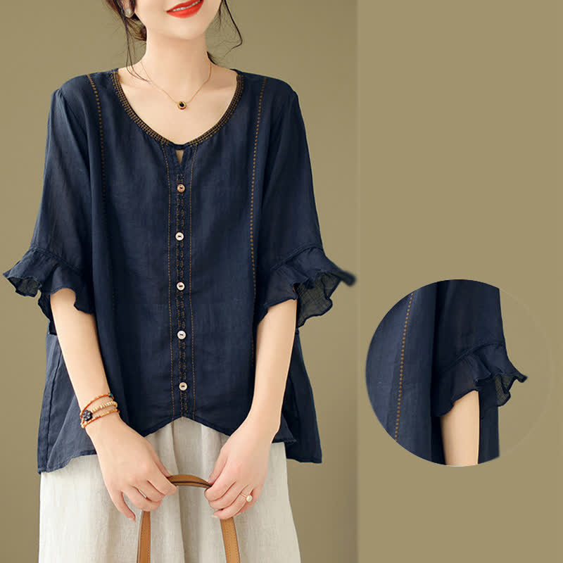 Nimara Ritual Embroidery Buttons Crew Neck Flared Short Sleeve Women's Shirt