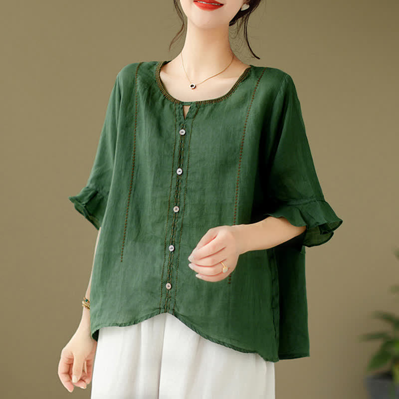 Nimara Ritual Embroidery Buttons Crew Neck Flared Short Sleeve Women's Shirt