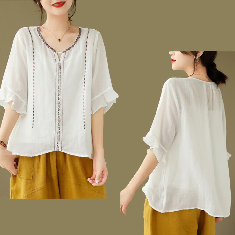 Nimara Ritual Embroidery Buttons Crew Neck Flared Short Sleeve Women's Shirt