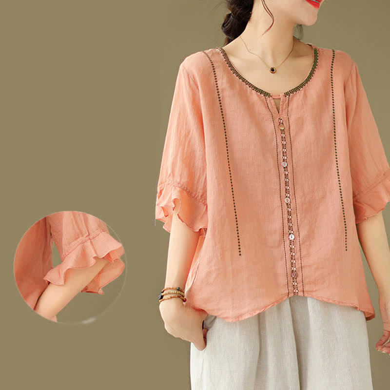 Nimara Ritual Embroidery Buttons Crew Neck Flared Short Sleeve Women's Shirt
