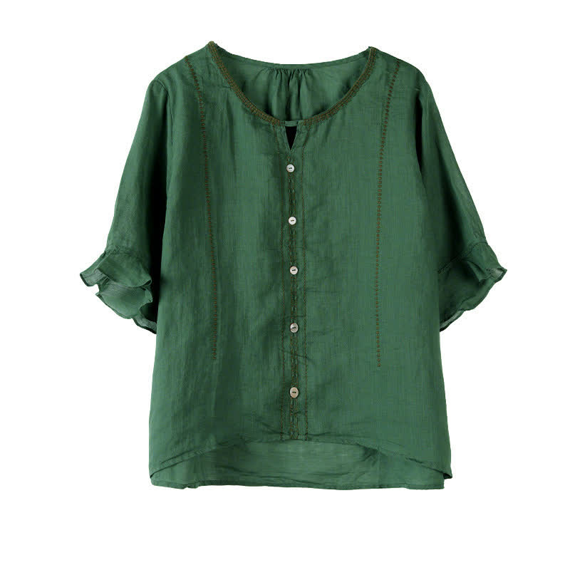 Nimara Ritual Embroidery Buttons Crew Neck Flared Short Sleeve Women's Shirt