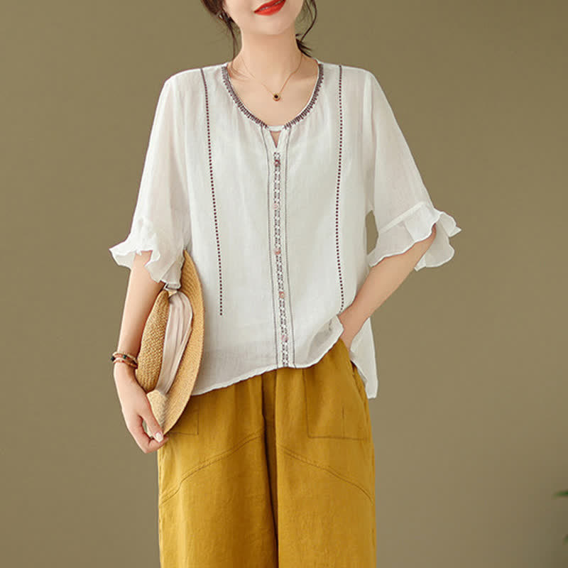Nimara Ritual Embroidery Buttons Crew Neck Flared Short Sleeve Women's Shirt