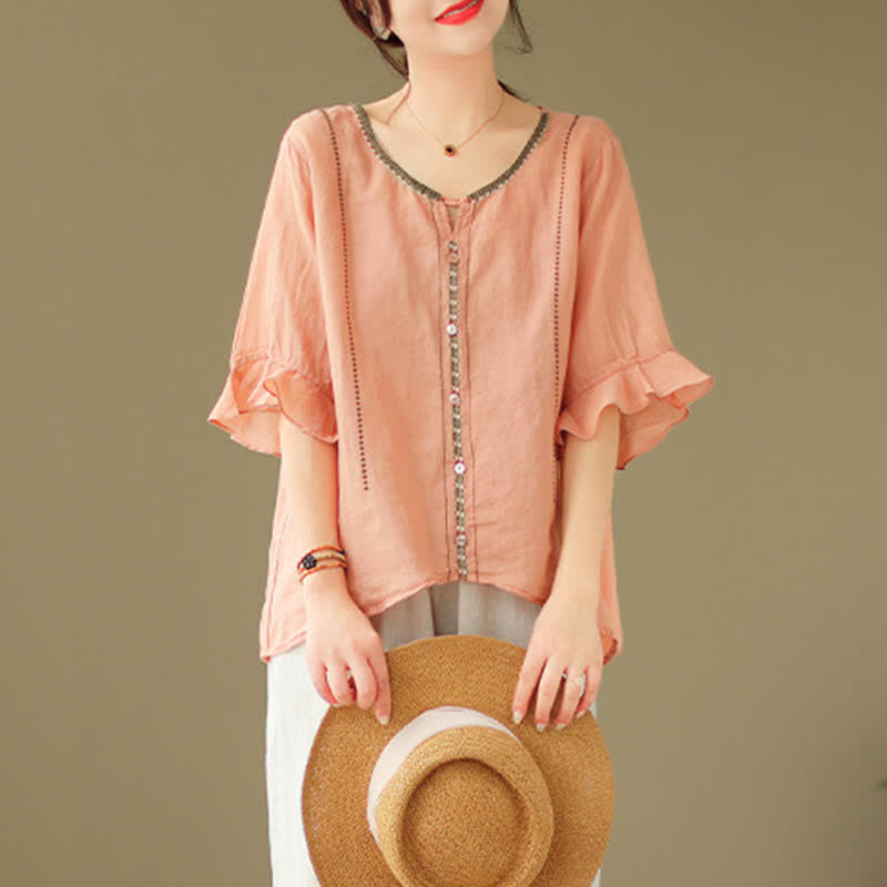 Nimara Ritual Embroidery Buttons Crew Neck Flared Short Sleeve Women's Shirt
