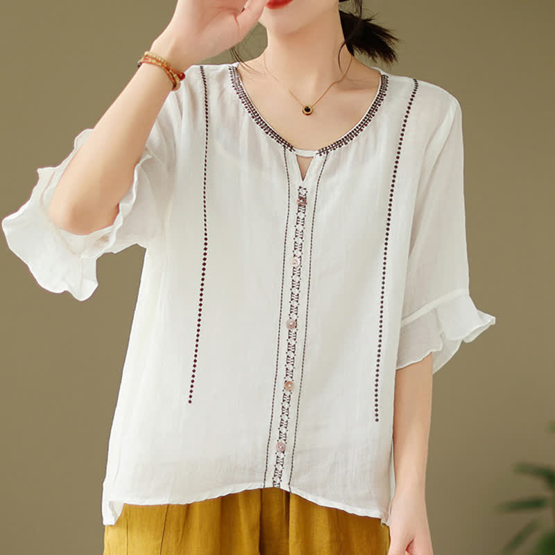 Nimara Ritual Embroidery Buttons Crew Neck Flared Short Sleeve Women's Shirt