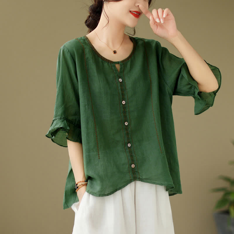 Nimara Ritual Embroidery Buttons Crew Neck Flared Short Sleeve Women's Shirt