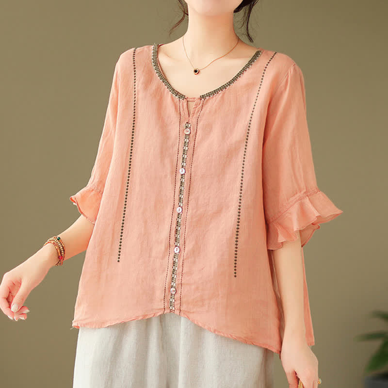 Nimara Ritual Embroidery Buttons Crew Neck Flared Short Sleeve Women's Shirt