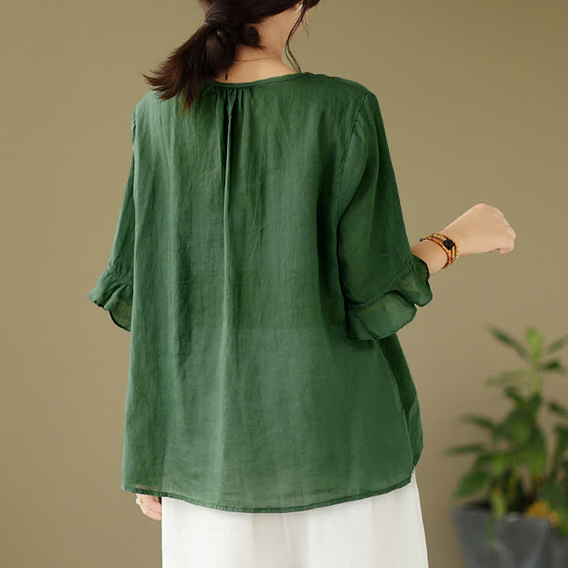 Nimara Ritual Embroidery Buttons Crew Neck Flared Short Sleeve Women's Shirt