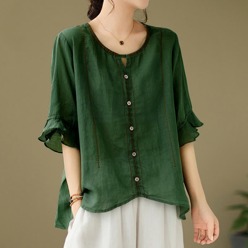 Nimara Ritual Embroidery Buttons Crew Neck Flared Short Sleeve Women's Shirt