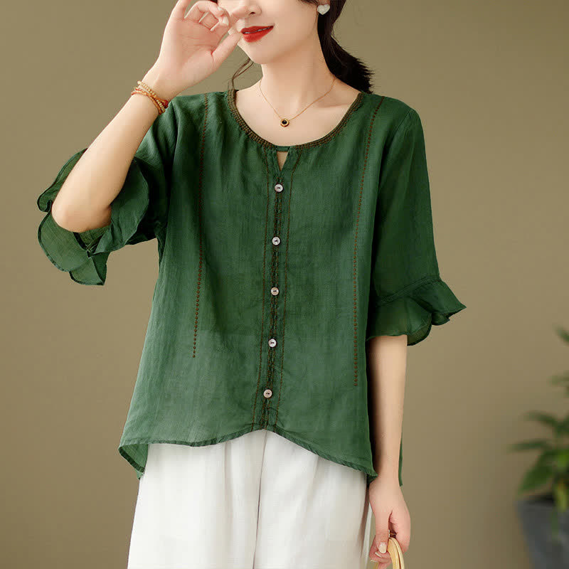 Nimara Ritual Embroidery Buttons Crew Neck Flared Short Sleeve Women's Shirt