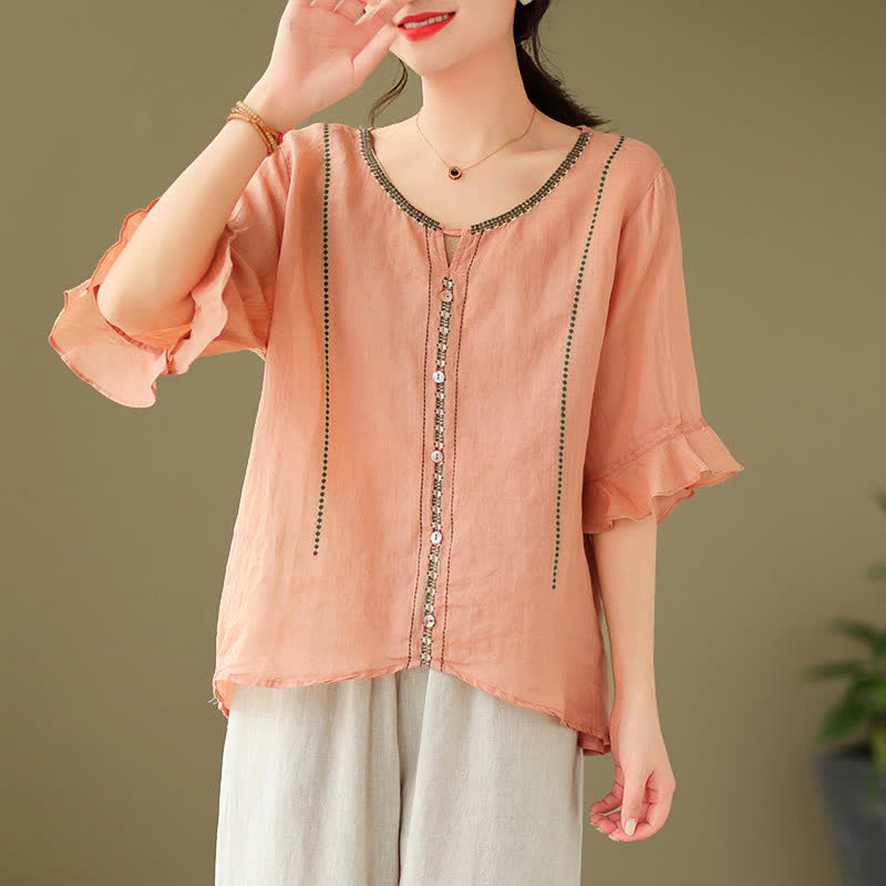 Nimara Ritual Embroidery Buttons Crew Neck Flared Short Sleeve Women's Shirt