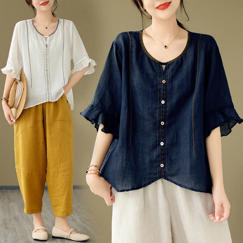 Nimara Ritual Embroidery Buttons Crew Neck Flared Short Sleeve Women's Shirt