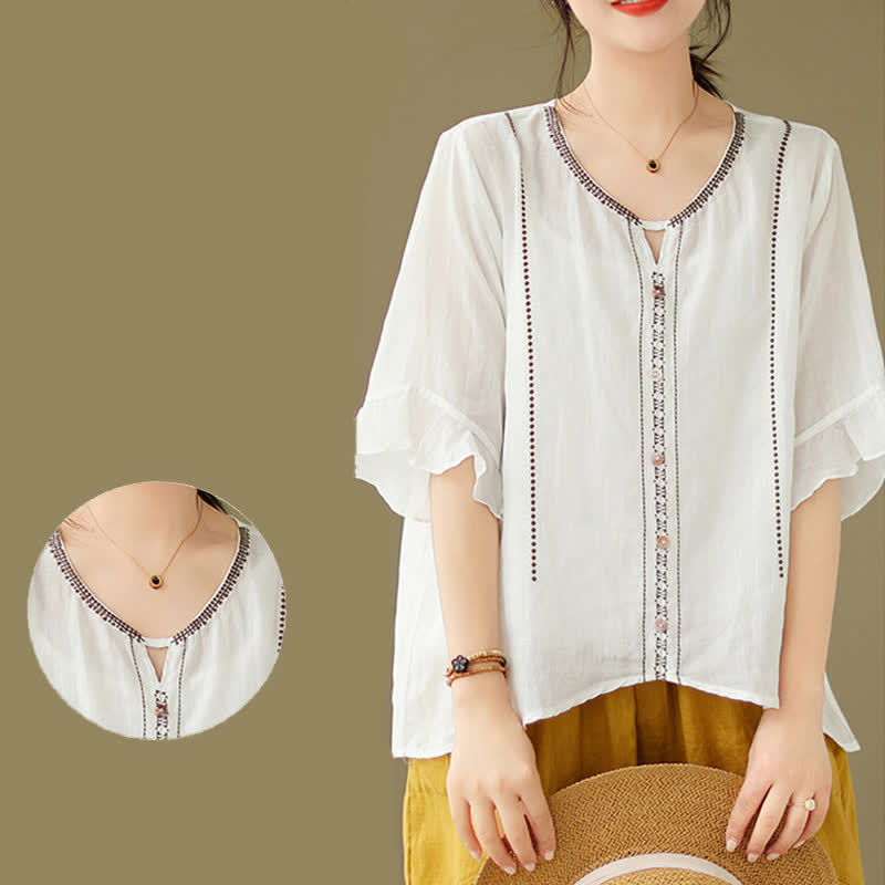 Nimara Ritual Embroidery Buttons Crew Neck Flared Short Sleeve Women's Shirt