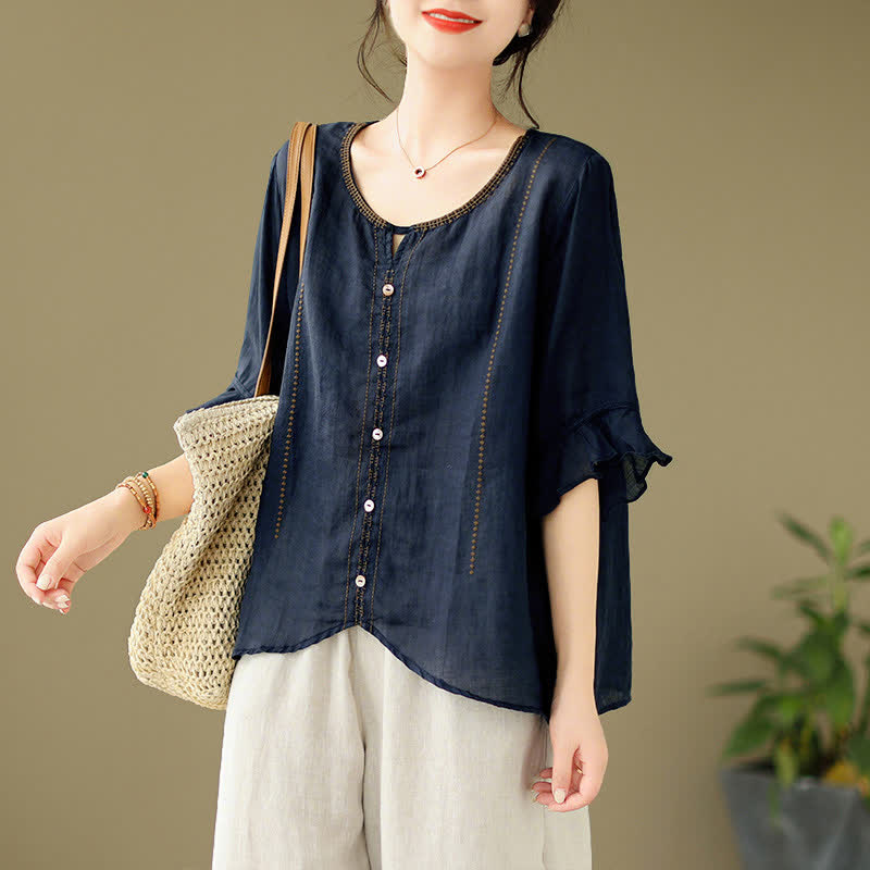 Nimara Ritual Embroidery Buttons Crew Neck Flared Short Sleeve Women's Shirt