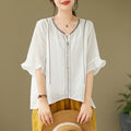 Nimara Ritual Embroidery Buttons Crew Neck Flared Short Sleeve Women's Shirt