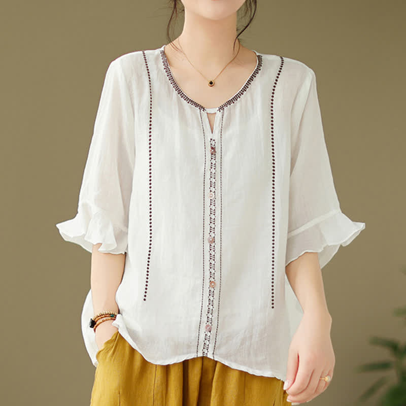 Nimara Ritual Embroidery Buttons Crew Neck Flared Short Sleeve Women's Shirt