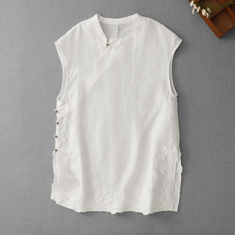 Nimara Ritual Chinese Frog-Button Lace Patchwork Design Stand Collar Women's Cotton Sleeveless Vest