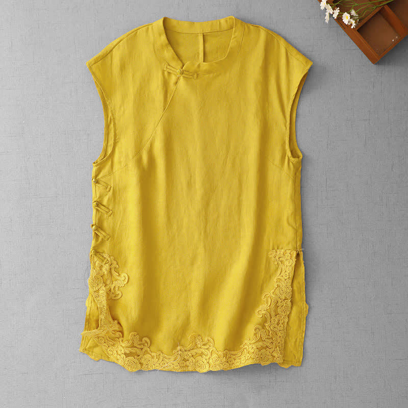 Nimara Ritual Chinese Frog-Button Lace Patchwork Design Stand Collar Women's Cotton Sleeveless Vest