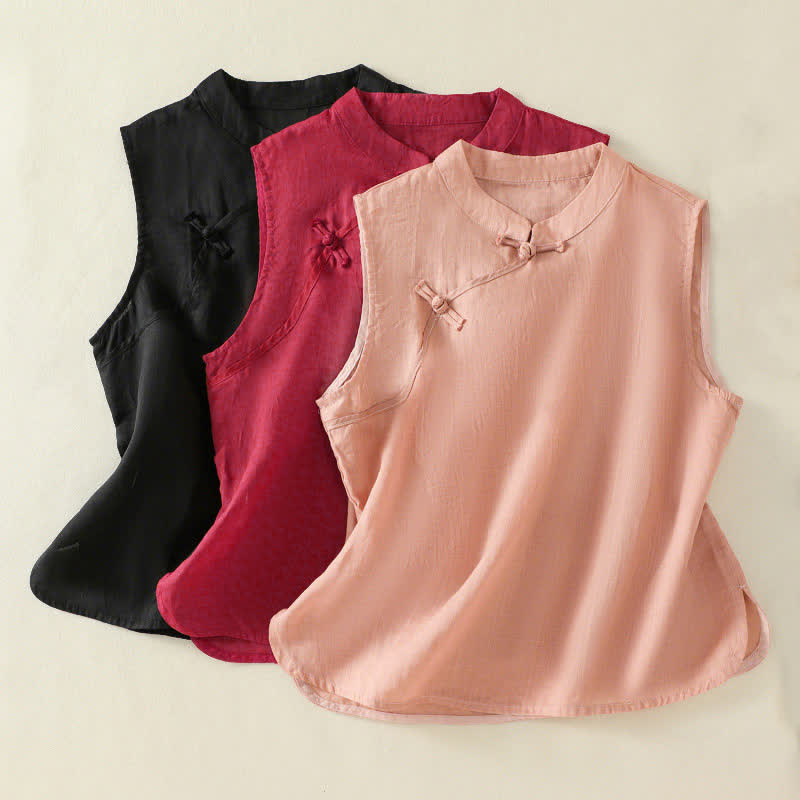 Nimara Ritual Summer Retro Plain Frog-Button Stand Collar Women's Sleeveless Vest