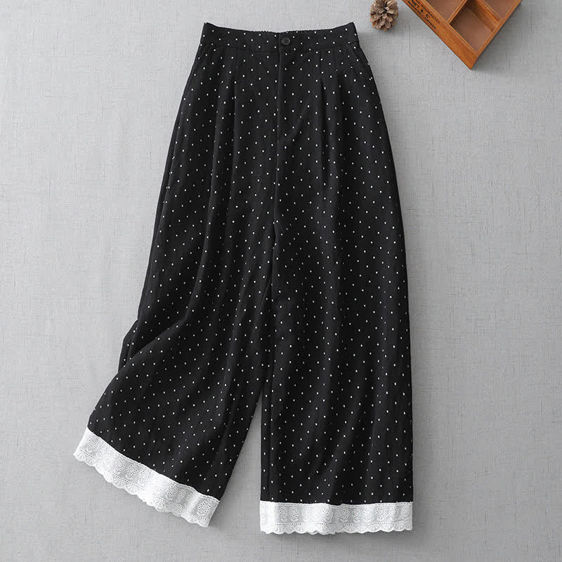 Nimara Ritual Polka Dot Lace Patchwork Cotton Women's Wide Leg Capri Pants With Pockets