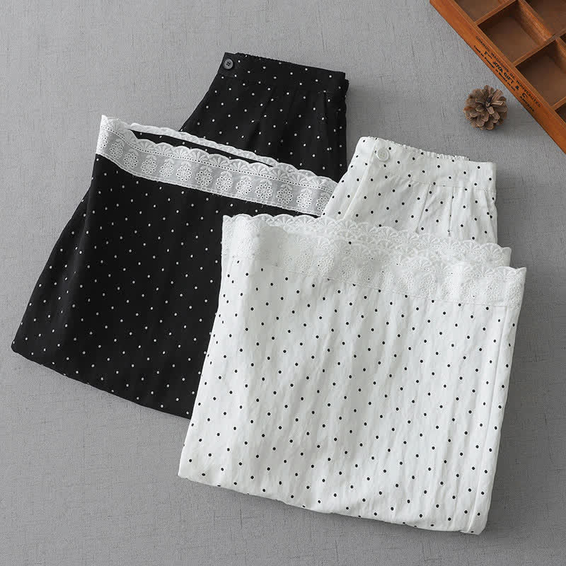 Nimara Ritual Polka Dot Lace Patchwork Cotton Women's Wide Leg Capri Pants With Pockets