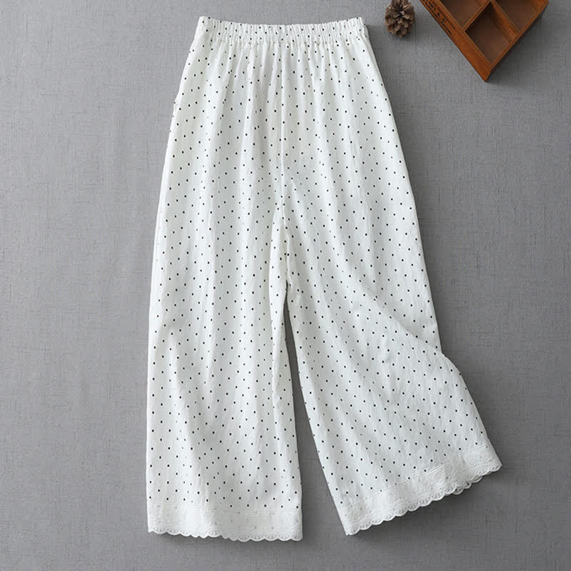 Nimara Ritual Polka Dot Lace Patchwork Cotton Women's Wide Leg Capri Pants With Pockets