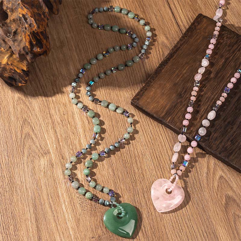 Nimara Ritual Rose Quartz Green Aventurine Love Heart Beads Luck Necklace Pendant