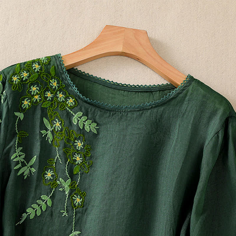 Nimara Ritual Retro Embroidery Floral Pattern Short Sleeve Crew Neck Women's Shirt
