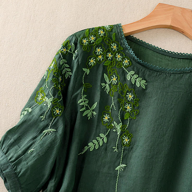 Nimara Ritual Retro Embroidery Floral Pattern Short Sleeve Crew Neck Women's Shirt