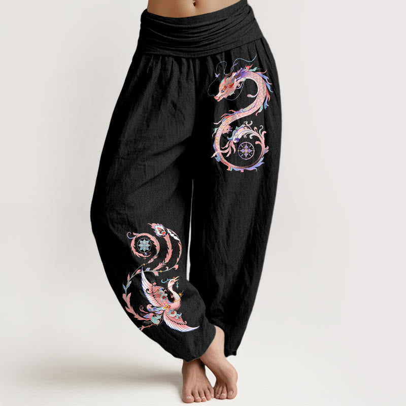 Nimara Ritual Cotton Flying Dragon Phoenix Pattern Women's Elastic Waist Harem Pants