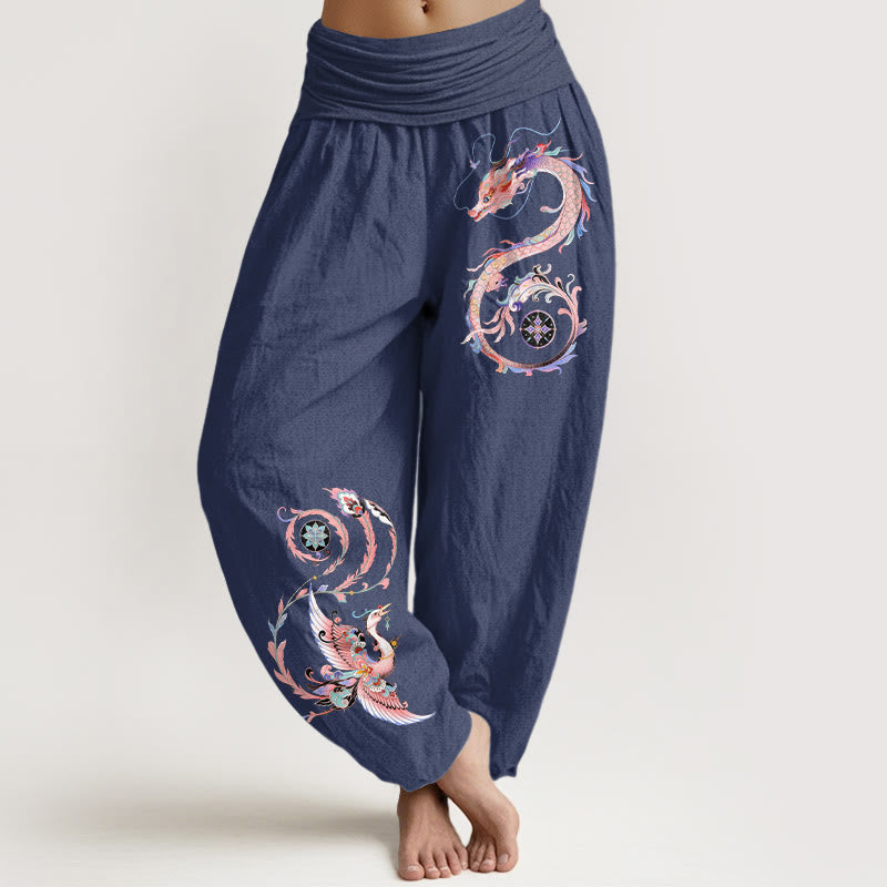 Nimara Ritual Cotton Flying Dragon Phoenix Pattern Women's Elastic Waist Harem Pants