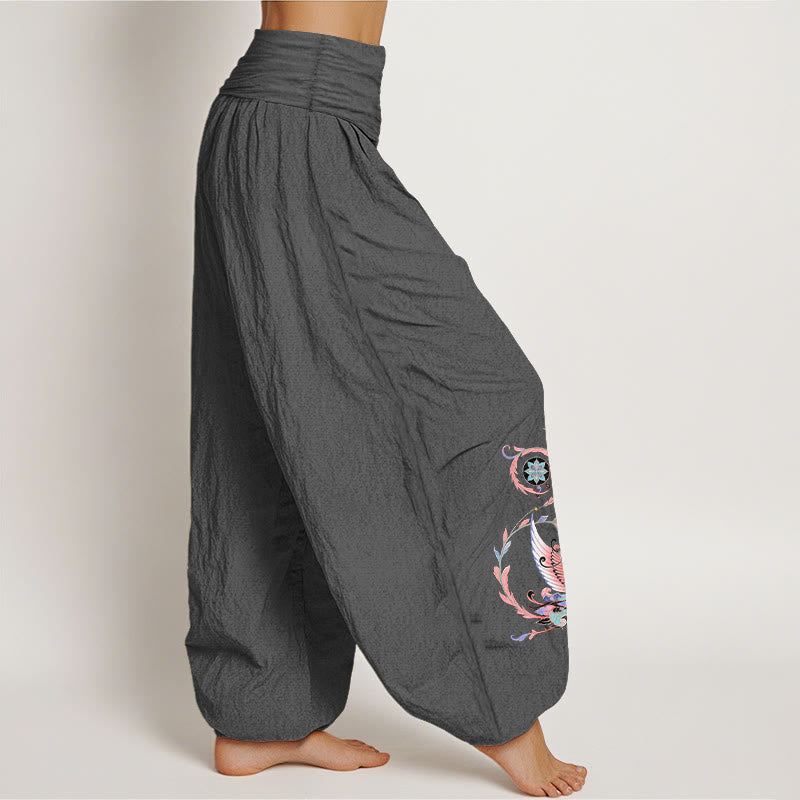 Nimara Ritual Cotton Flying Dragon Phoenix Pattern Women's Elastic Waist Harem Pants