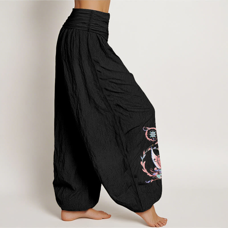 Nimara Ritual Cotton Flying Dragon Phoenix Pattern Women's Elastic Waist Harem Pants