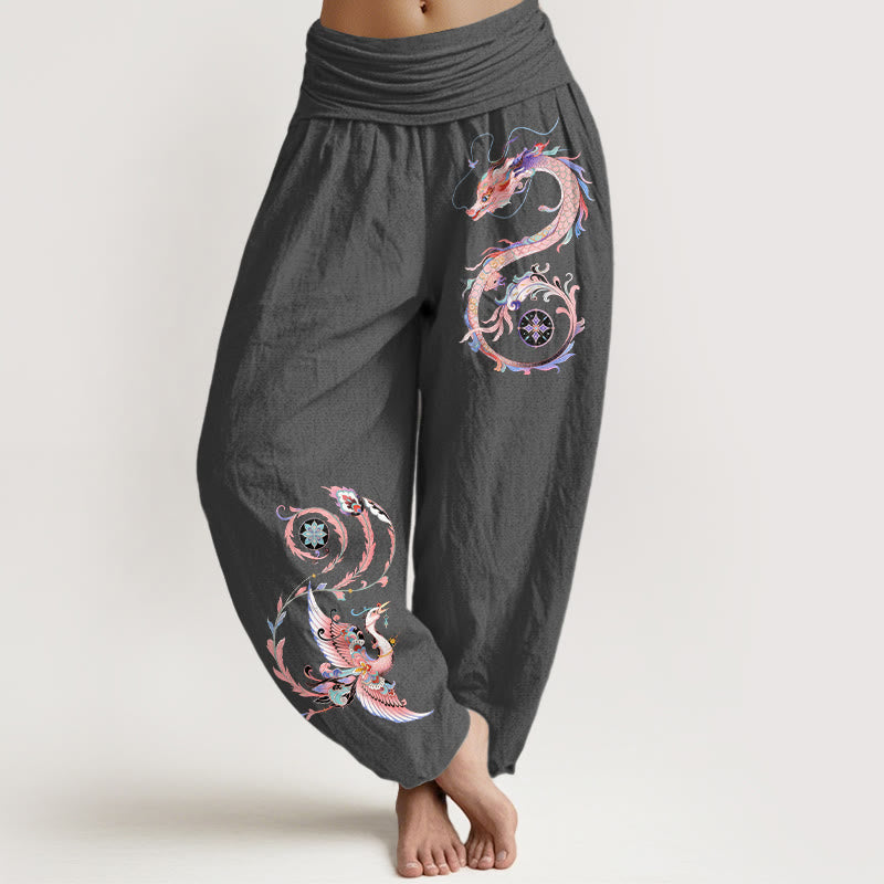 Nimara Ritual Cotton Flying Dragon Phoenix Pattern Women's Elastic Waist Harem Pants