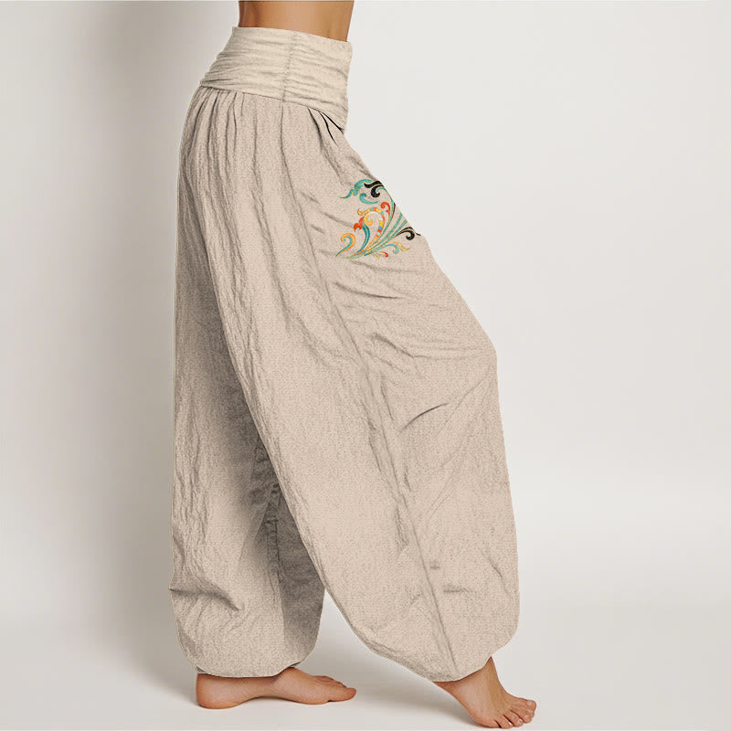 Nimara Ritual Cotton Colorful Lotus Flower Pattern Women's Elastic Waist Harem Pants