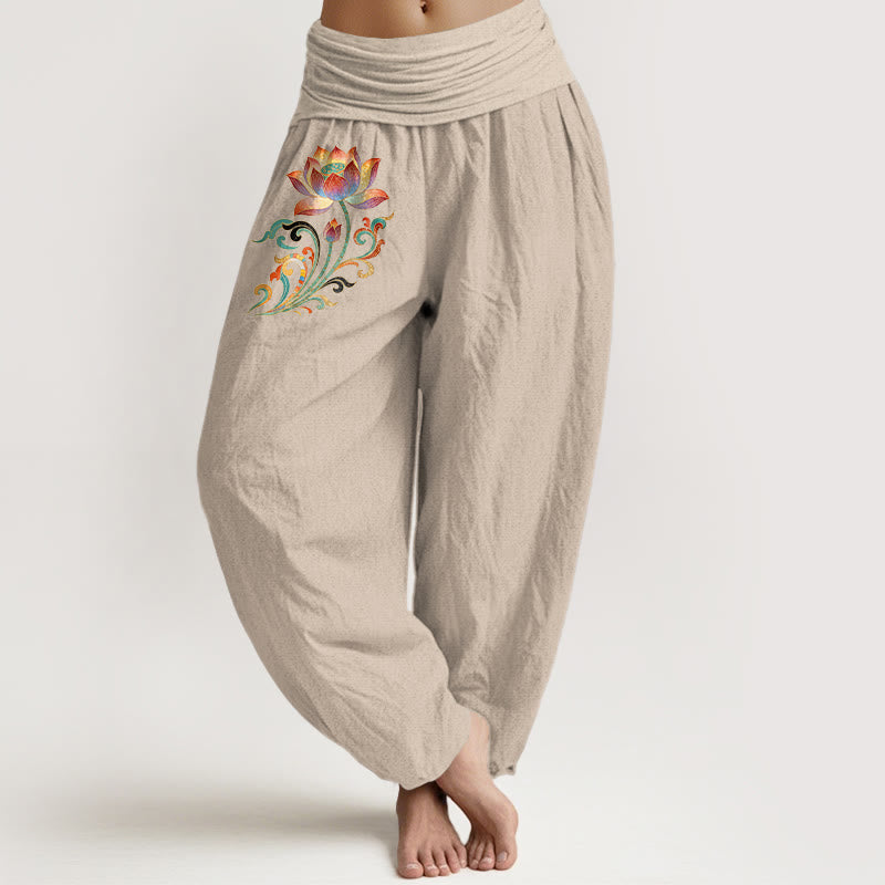 Nimara Ritual Cotton Colorful Lotus Flower Pattern Women's Elastic Waist Harem Pants
