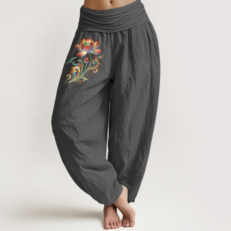 Nimara Ritual Cotton Colorful Lotus Flower Pattern Women's Elastic Waist Harem Pants
