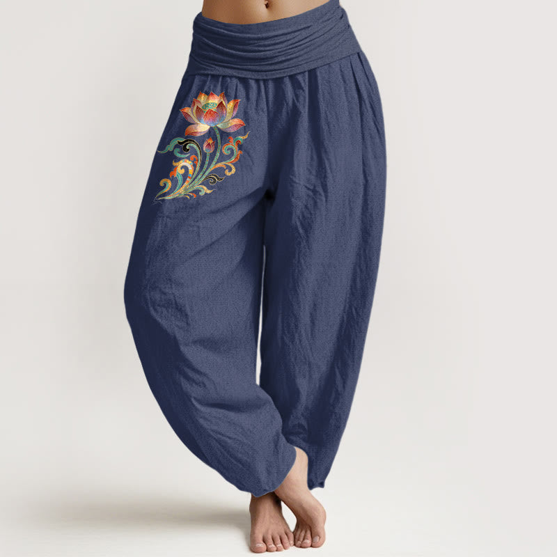 Nimara Ritual Cotton Colorful Lotus Flower Pattern Women's Elastic Waist Harem Pants