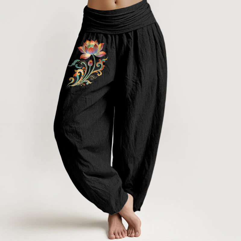 Nimara Ritual Cotton Colorful Lotus Flower Pattern Women's Elastic Waist Harem Pants