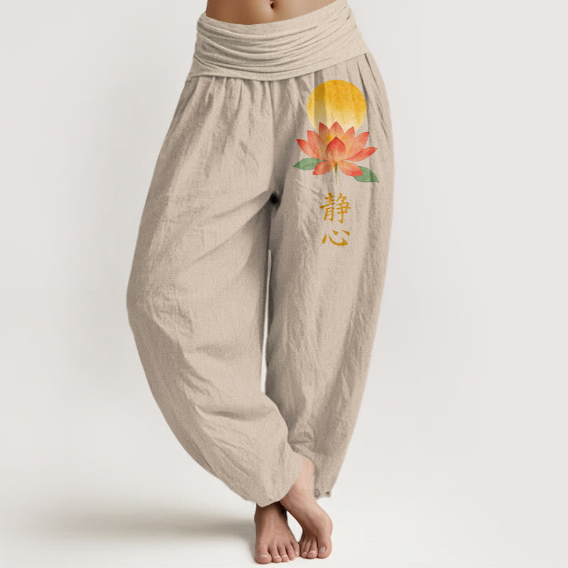 Nimara Ritual Cotton Full Moon Lotus Flower Pattern Women's Elastic Waist Harem Pants